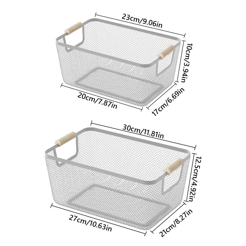 Metal Desktop Storage Basket Rectangle with Wood Handle Vegetable Fruit Snack Holder Large Capacity White Black Iron Mesh Basket