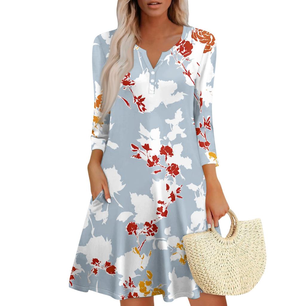 Women's Fashionable V-Neck Button Seven Part Cuff Pocket Floral Dress