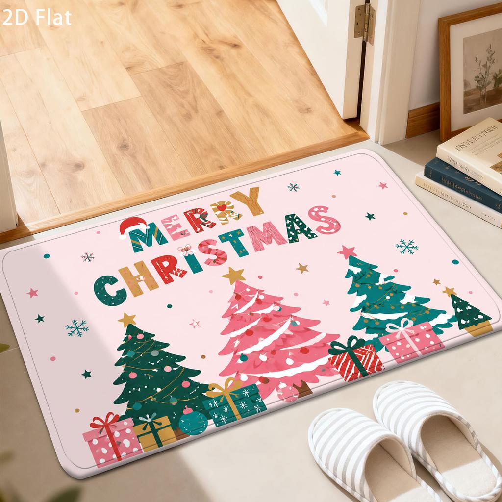 1Pcs Anti Fatigue Kitchen Rugs Pink Green Christmas Tree Print Waterproof Non Slip Thick Cushioned Mat
