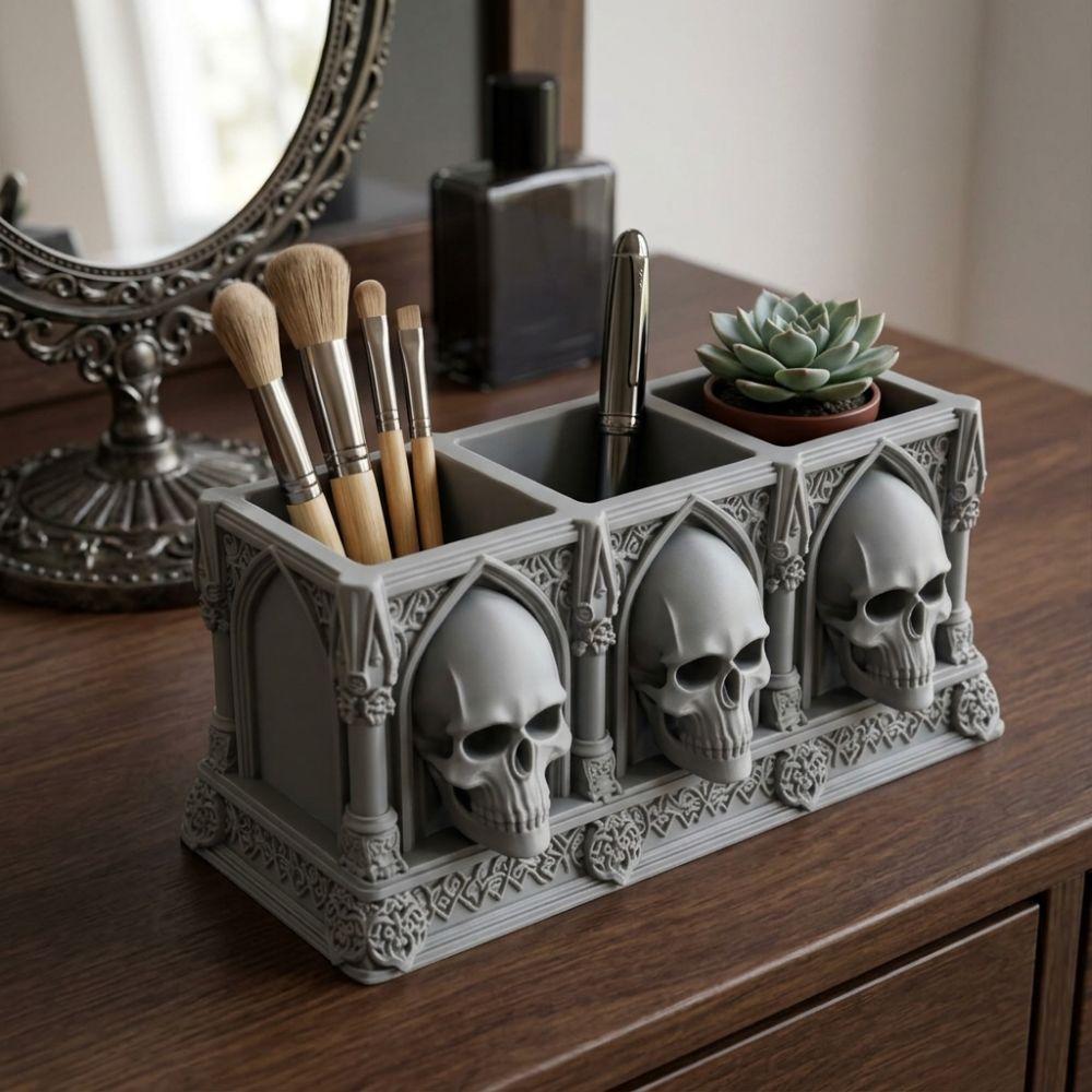 3-Slot Skull Makeup Brush Box Spooky Small Skull Storage Rack Indoor Desktop