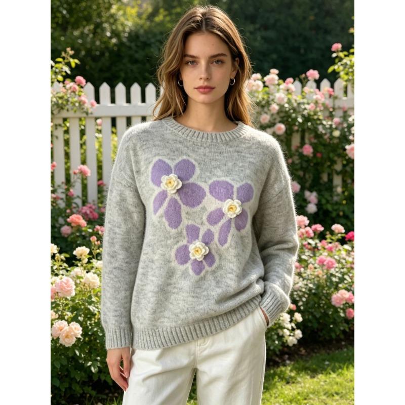 Korean Style Age Reducing Floral Knit Sweater Loose Round Neck Long Sleeve Women S Winter Outerwear