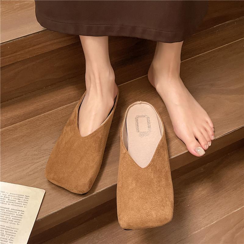 Fashion Spring New Baotou Slippers Women's Fashion Square Head Deep Mouth Suede Soft Sole Anti-slip Wear-resistant Flat Shoes