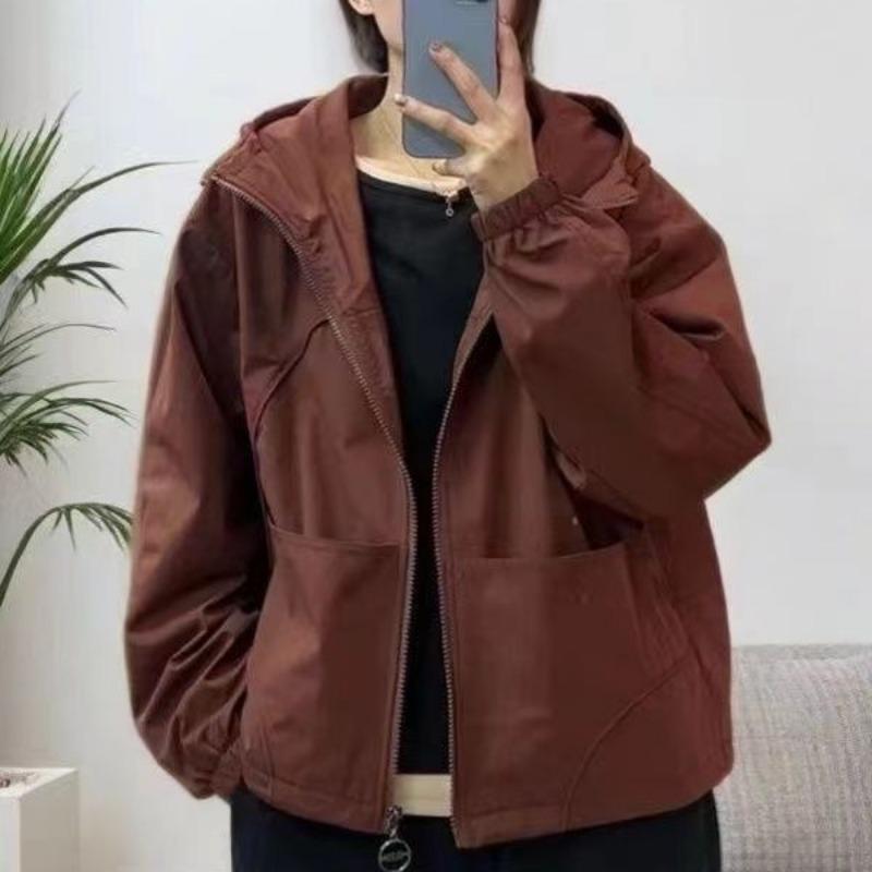 Women Double Lined Hooded Windbreaker Spring Autumn Loose Fit Korean Fashion Youthful Jacket
