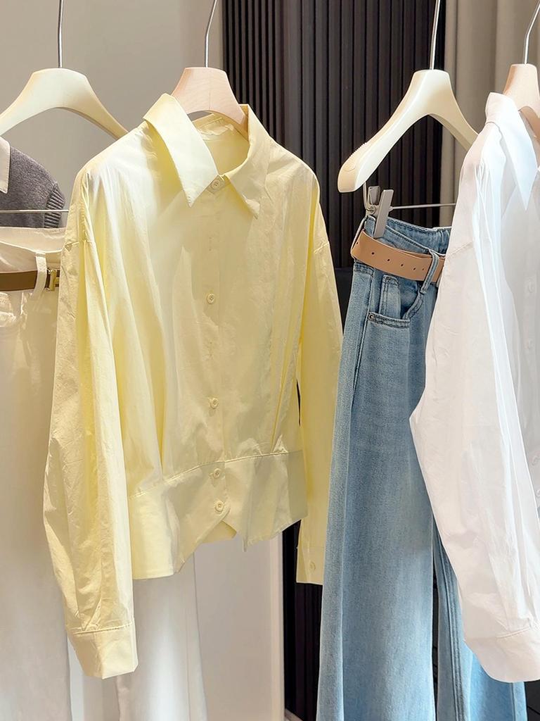 Spring 2026 Women's Slim-Waisted Lapel Long-Sleeve Shirt - Stylish and Elegant Short Commuter Top