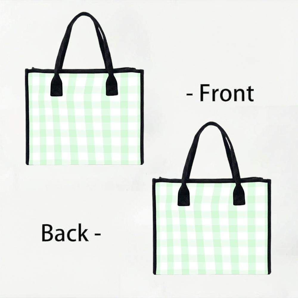 Mint Gingham Canvas Tote Bag Casual Large Capacity Daily Handbag for Shopping Outdoor Use
