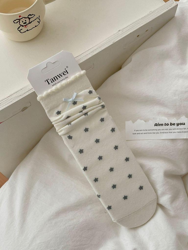 Koreanische Knöchelsocken mit Schleife und Sternen in Grau und Weiß für Frühling/Sommer