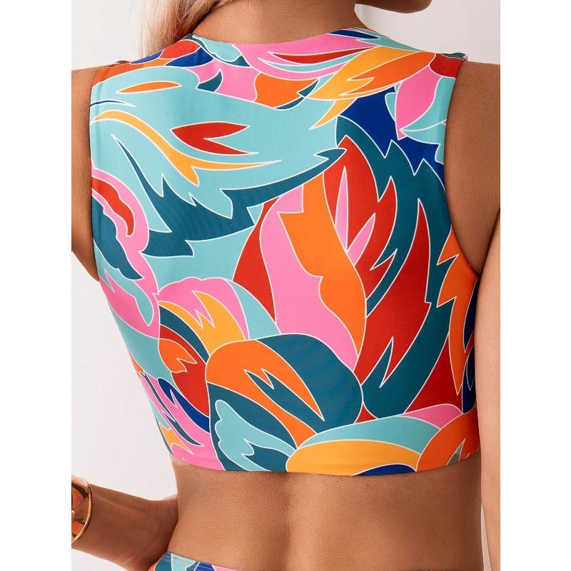Vintage Orange Geometry Print Tankini Set 2026 Swimwear Women Zipper Push Up Sports Tank Top High Waist Shorts 2 Piece Swimsuit