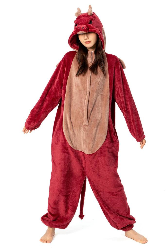 OLAOLA Dragon Kigurumi Pajamas for Halloween Animal Fluffy Dragon Warm and Flannel Unisex Adults, Red, Costume, Costume, Pajamas, Cold-Proof