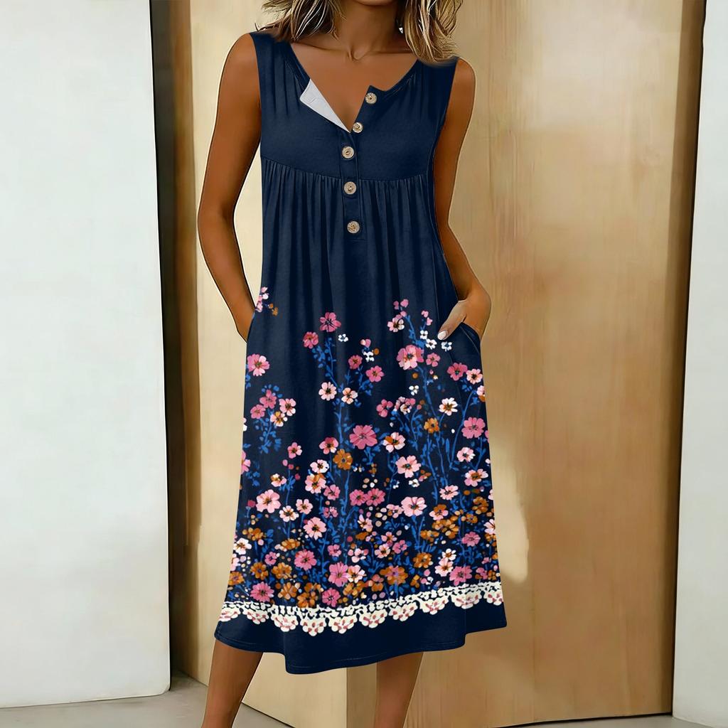 Women's Casual Sleeveless Button-down Mid-length Dress