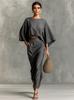 Spot cross-border foreign trade women's clothing cotton and linen autumn and winter matching suit bat sleeve top versatile pocket back split skirt