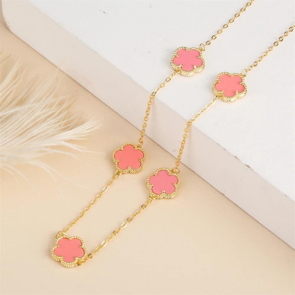 2024 Hot Sale 10 Colors Five-Leaf Flower Set Bracelet Necklace Classic Simple Women Zircon Set Suitable For Daily Party Wear