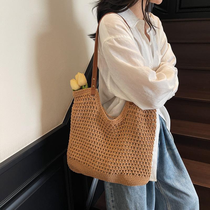 Casual Large-capacity Shoulder Cotton Thread Woven Bag Women's New Reticulated Tote Bag Seaside Vacation Beach Bag