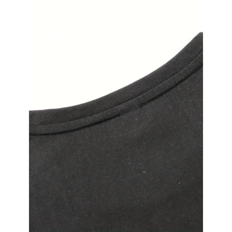 Men's Vintage Street Style Vertical Letter Print Short Sleeve Loose Drop Shoulder Versatile Black T-Shirt for Summer