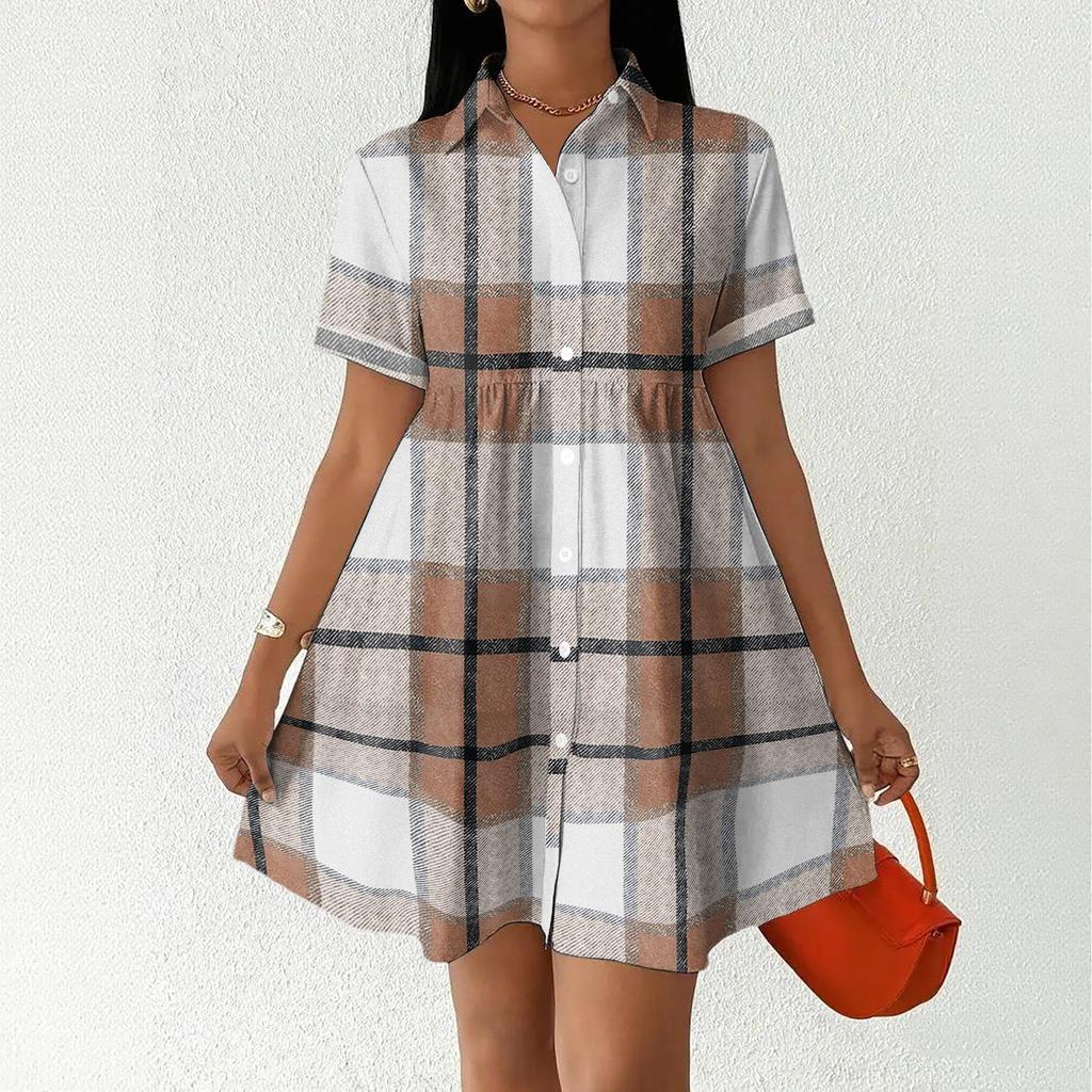 Women’s Casual Loose Fit Shirt Dress Button Down Stand Collar Short Sleeve Relaxed Tunic Dress with Geometric Print