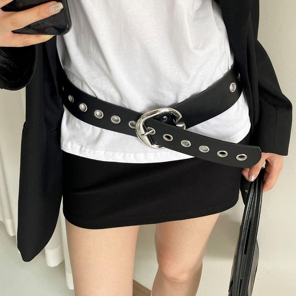 Vintage Women Wide Belt Double-Row Hole Punk Style Belt Fashion Leather Waistband Men