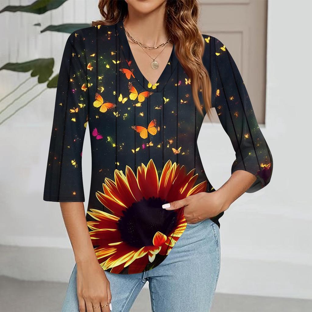 Modisches Oberteil mit V-Ausschnitt, Farbverlauf-Print und Dreiviertelärmeln für Damen