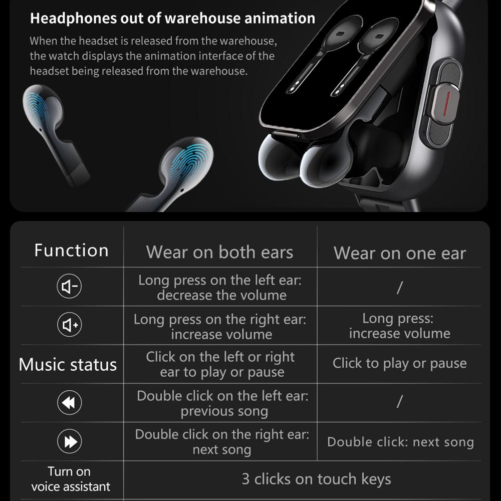 2-i-1 AMOLED Skærm Smartwatch til Mænd Med Øretelefoner Bluetooth Headset Højttaler Tracker Musik Sportsur Mænd Vandtæt Smartwatch