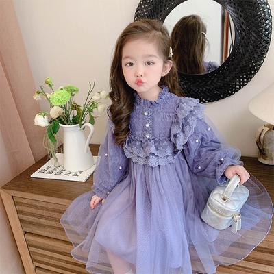 Children's Spring and Summer Mesh Girls' Plus Size Solid Color French Mesh Dresses Floral Undershirt Dresses