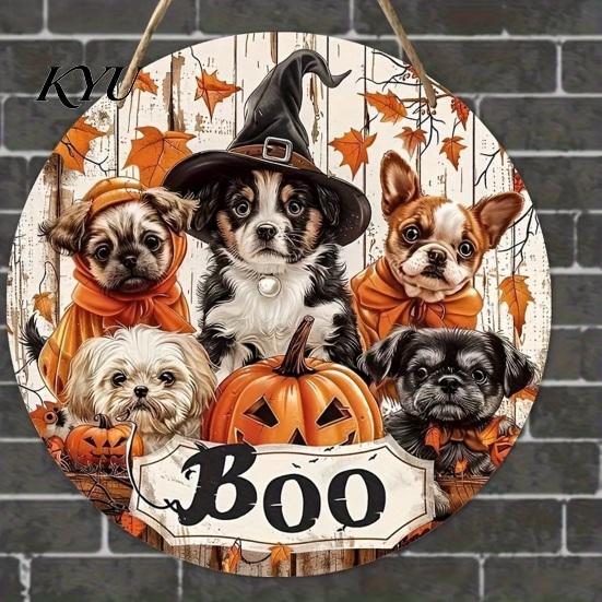 Autumn Maple Leaf Decor Wooden Halloween Door Sign, Cute Puppy Witch Hat Pumpkin Boo Front Gift for Dog Lovers Hanger, Fall Wall Porch Home Decoration