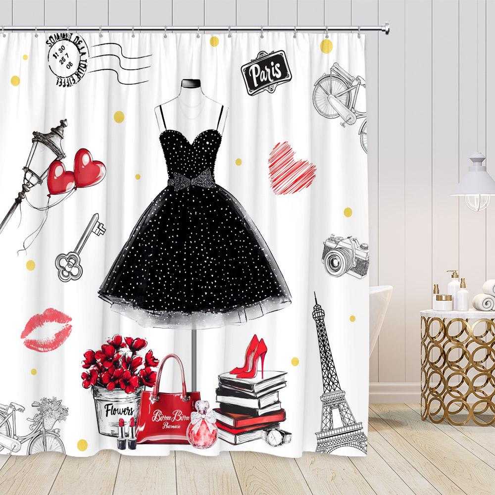 Pink Perfume Shower Curtains Cosmetics High Heels Flowers Black White Stripes Bathroom Decor Girl Fashion Vintage Bath Curtain