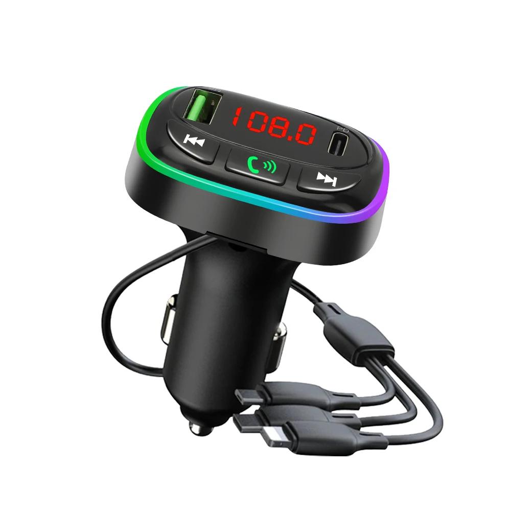 RGB Bluetooth 5.0 Audio Transmitter FM Modulator U-Disk Wireless Handsfree USB+PD Phone Charger With 3 Charging Cables