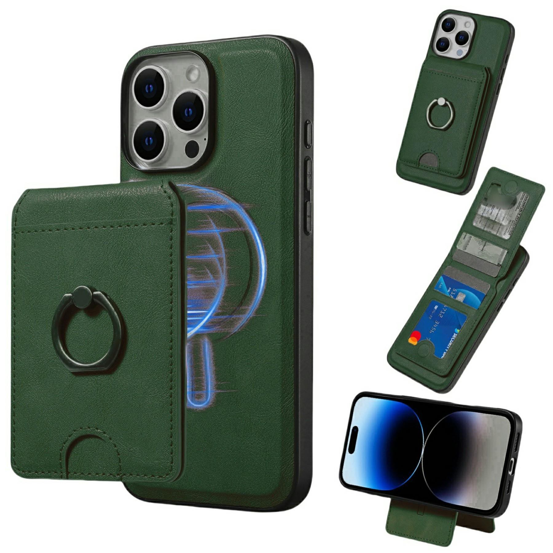 

For iPhone 15 Pro Magnetic Case PC+PU Phone Back Cover with Detachable Card Holder Green