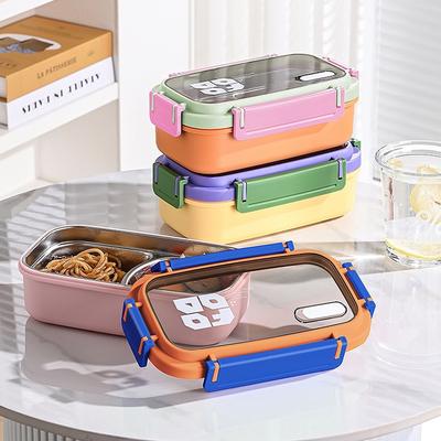 304 Stainless Steel Divided Kid Lunch Box Heat Insulated Anti-Scald Bento Food Container Portable Compartment Meal Box with Lock