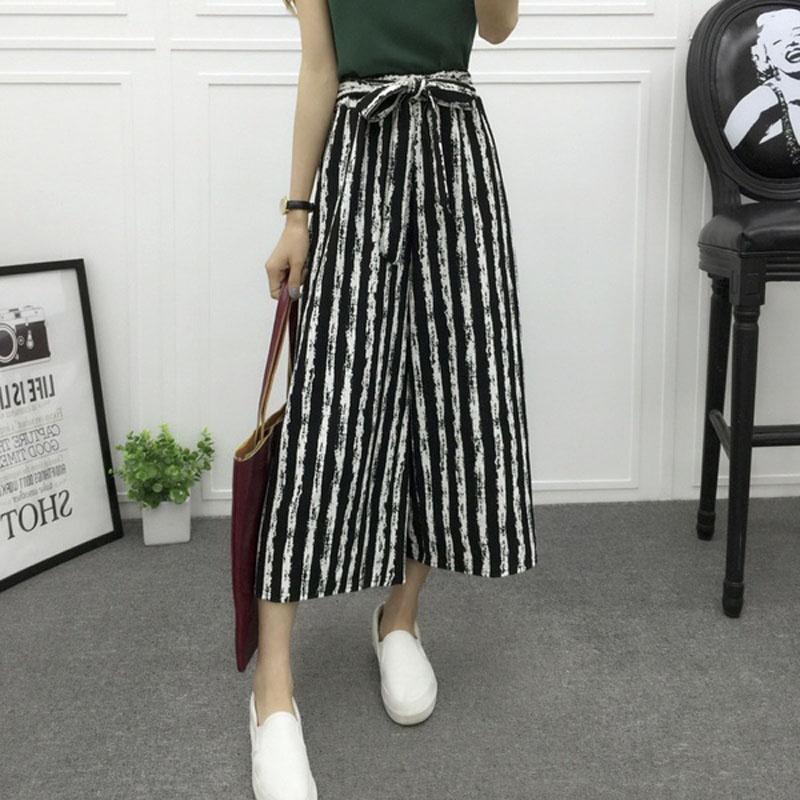 Women High Waist Elastic Striped Culotte Pants With Elegant Wide Leg Flare Design For Casual Wear
