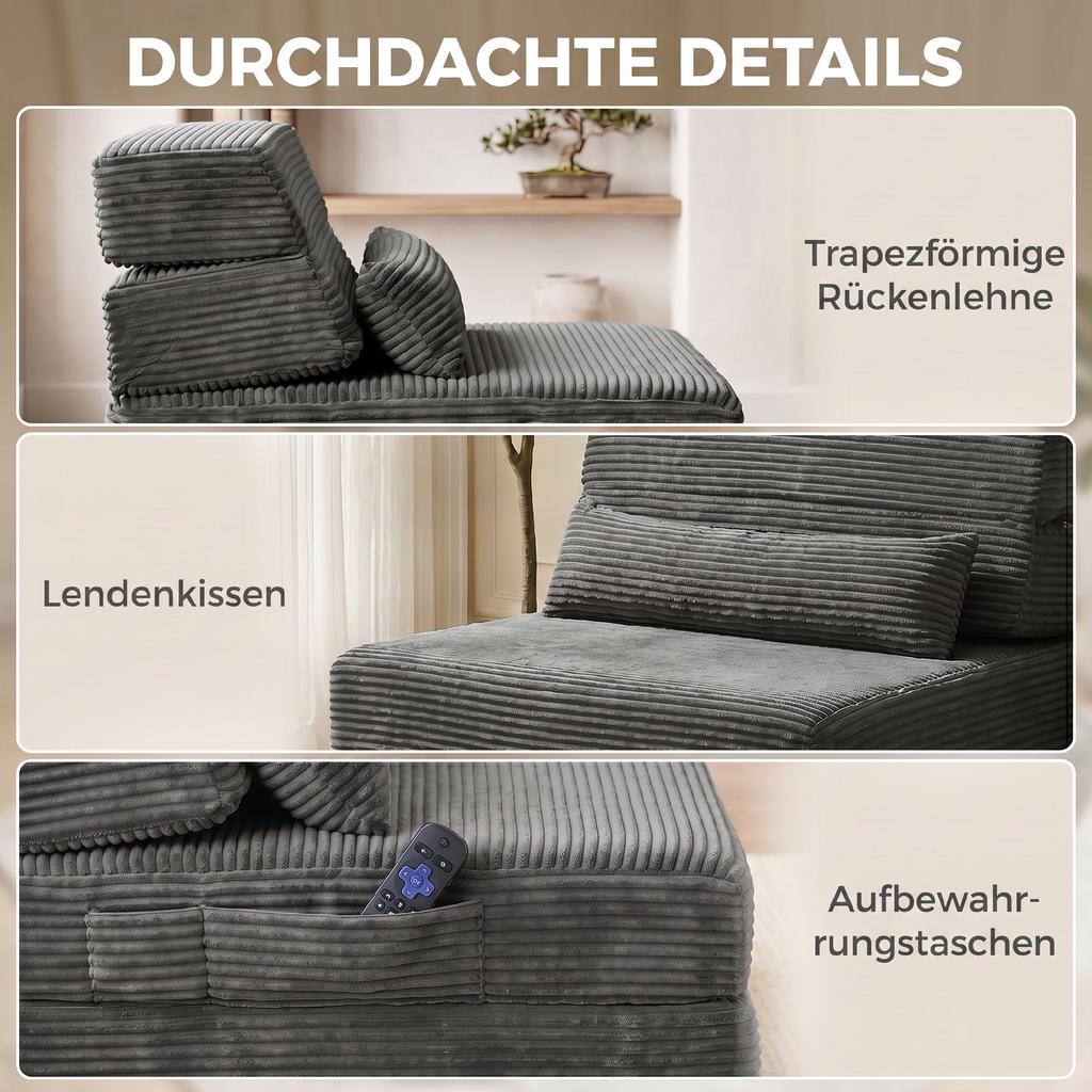 Floor Chair with Back Support, Corduroy Boneless Cloud Foldable Sleeper Sofa with Thick Padding, Dark Grey
