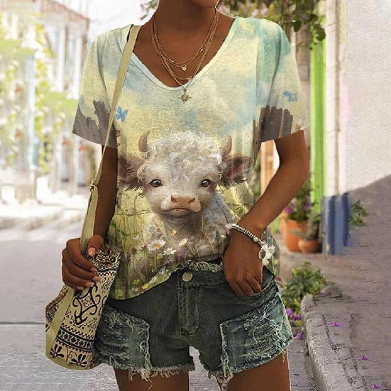 Animal Women's T Shirt Summer Casual Short Sleeve Top Cute Calf Pattern 3d Print Street Fashion V-Neck Female Harajuku Clothing