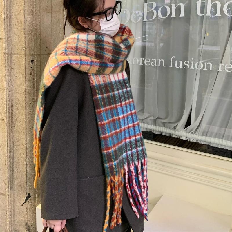 Autumn and winter rainbow plaid imitation cashmere scarf female student couple mohair warm scarf long shawl