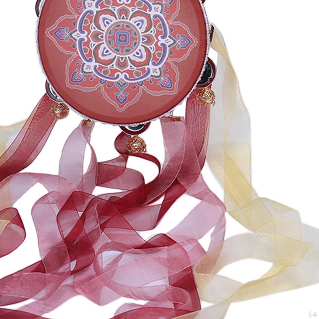 Chinese Decorative Tambourine Hand Drum 7.28inch Vintage with Ribbon Lightweight Musical Instrument