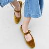 Fashion Designer Women Velvet Mary Janes Belt Strap Shoes Ladies Square Toe Flats Ballerina Dress Barefoot Loafers Brides Ballets Femmes
