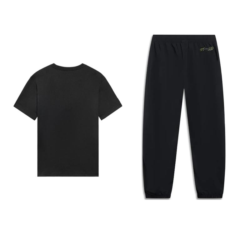 Li Ning Trendy Comfortable Versatile Fashion Design Short Sleeve Simple Breathable Long Pants Casual Sports Suit Unisex Suit Black AHSUB33-1+AYKU691-1