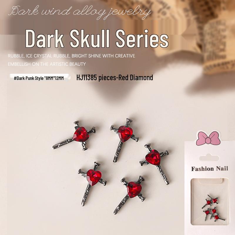 Dark Skull Retro Chrome Heart Scarlet Cross Nail Rhinestone Embellishments - 5 Pcs