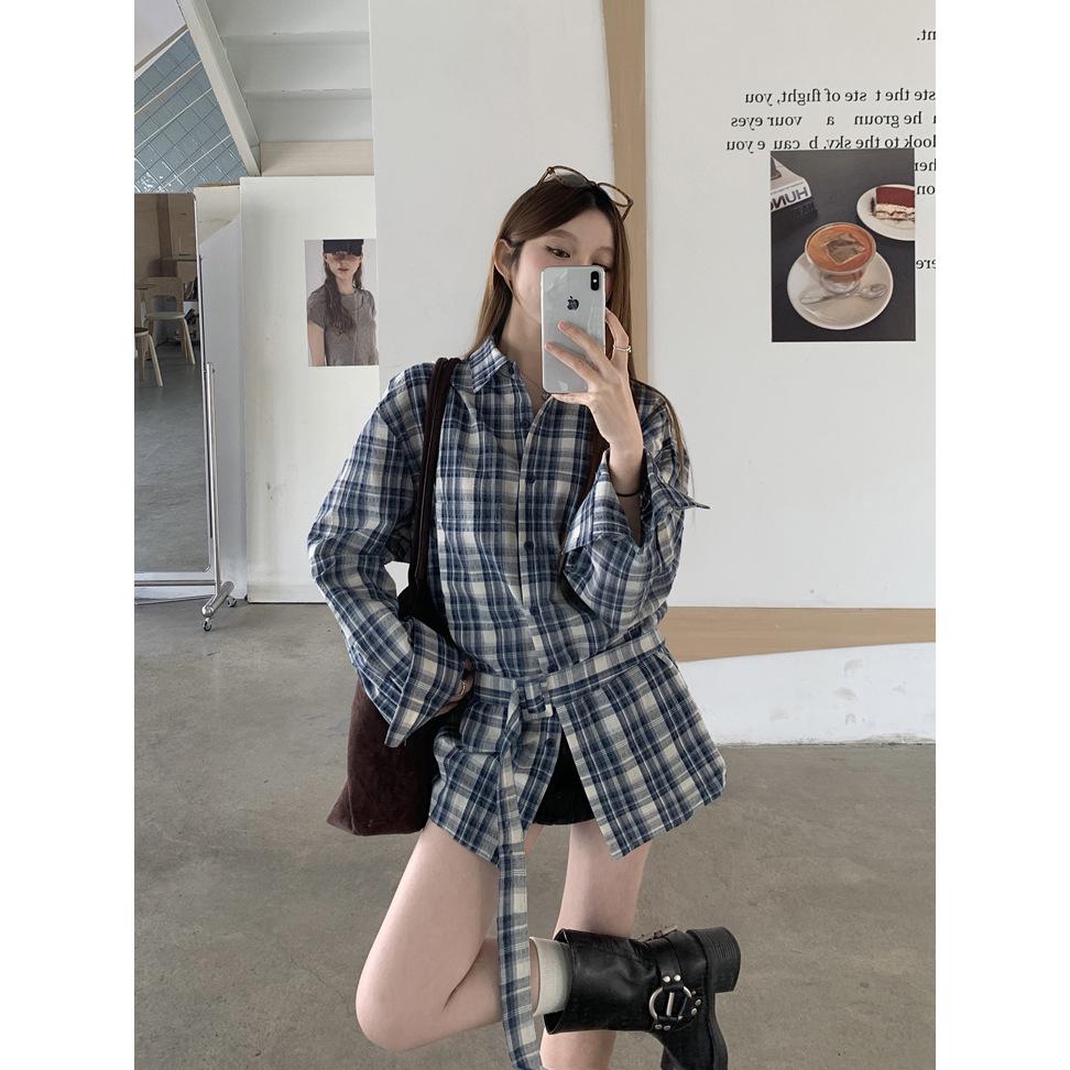 Women s Retro Korean Blue Plaid Tie-Waist Shirt - Long-Sleeve Top for Spring/Autumn 2026 L