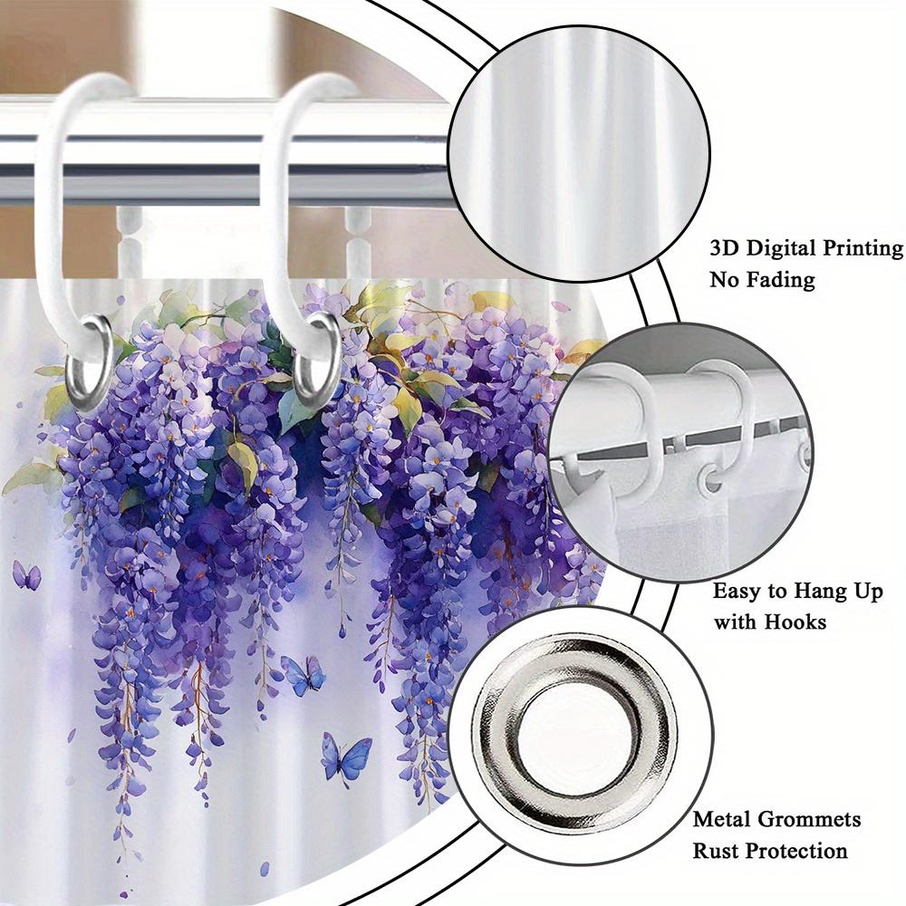 1pc Cascading Wisteria and Blue Butterfly Shower Curtain - Fantasy Watercolor Floral Pattern, Polyester Fabric, Machine Washable