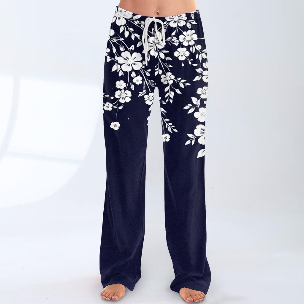 Pantalon Casual Imprimé à Taille Élastique à Cordon de Serrage, Coupe Ample pour Femme
