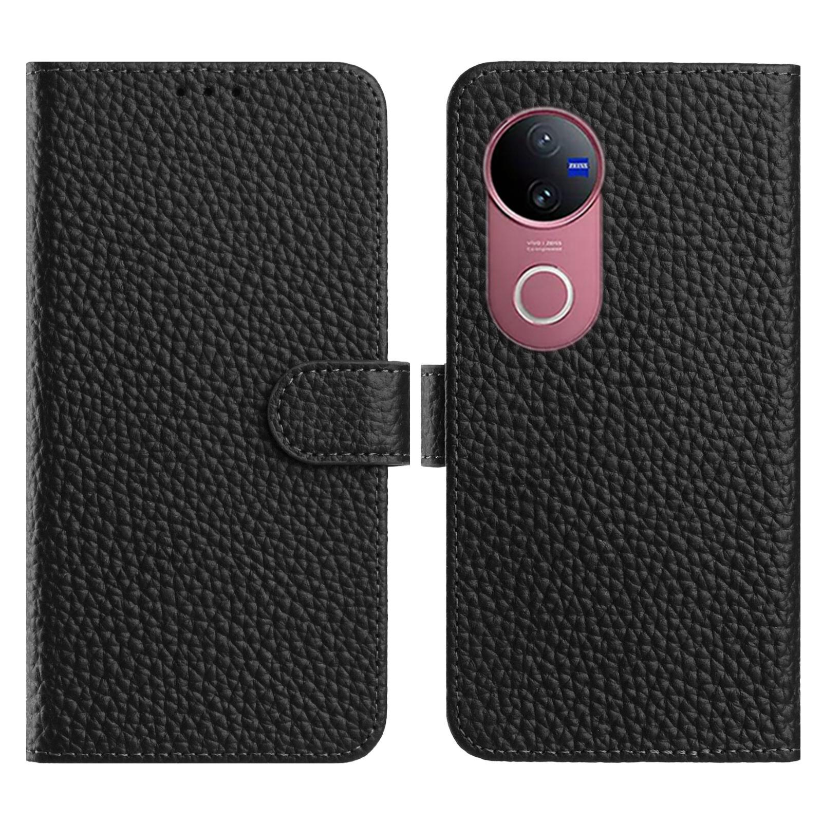 

For vivo V50 5G/V50e 5G Case Wallet Stand Litchi Texture Genuine Cow Leather Flip Phone Cover Black