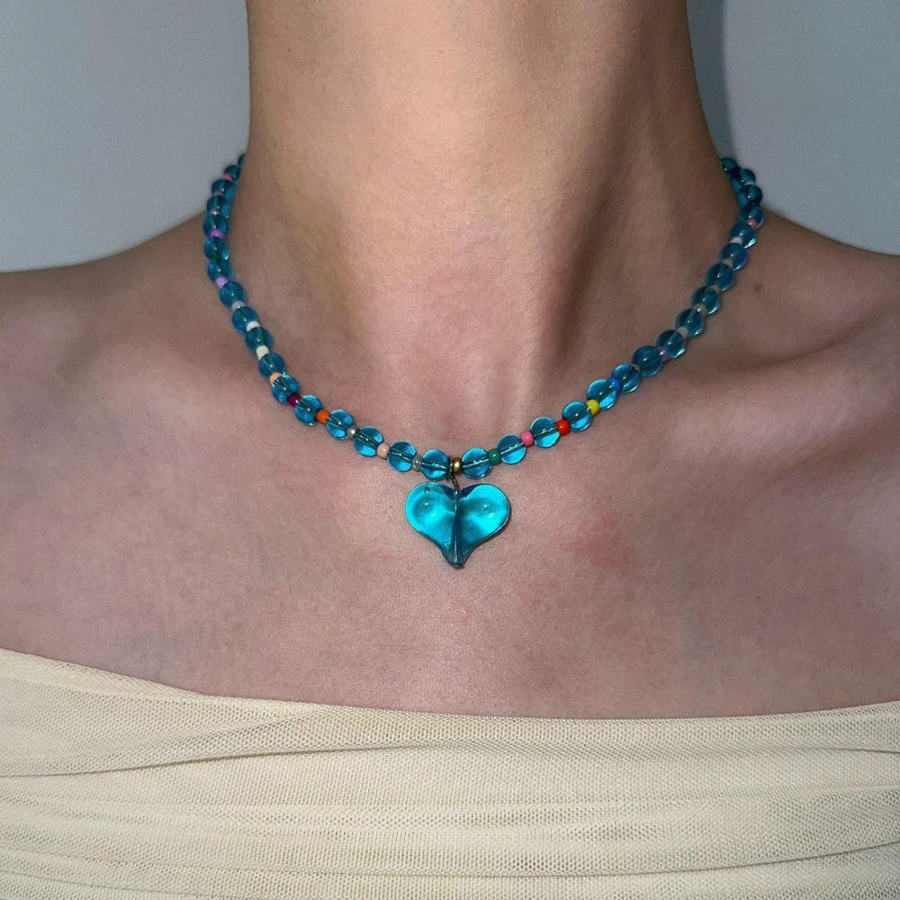 Beaded Transparent Love Heart Necklace Korean Style Clavicle Chain Sweater Chain Y2K Choker  Party