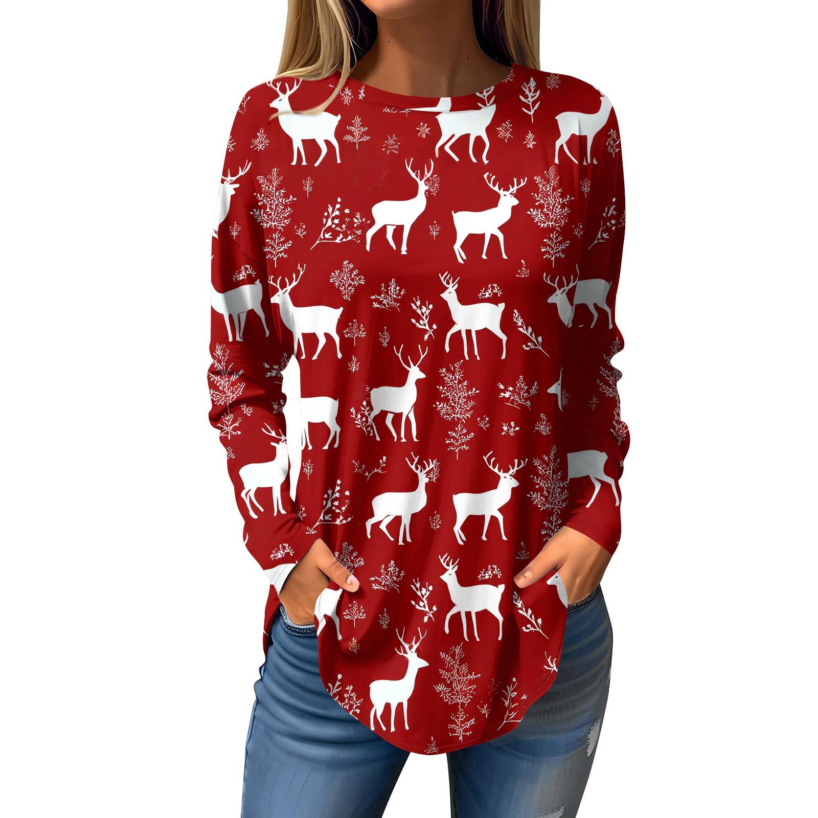 

Женская свободная футболка с круглым вырезом и рождественским принтом, длинный рукав, пуловер S красный