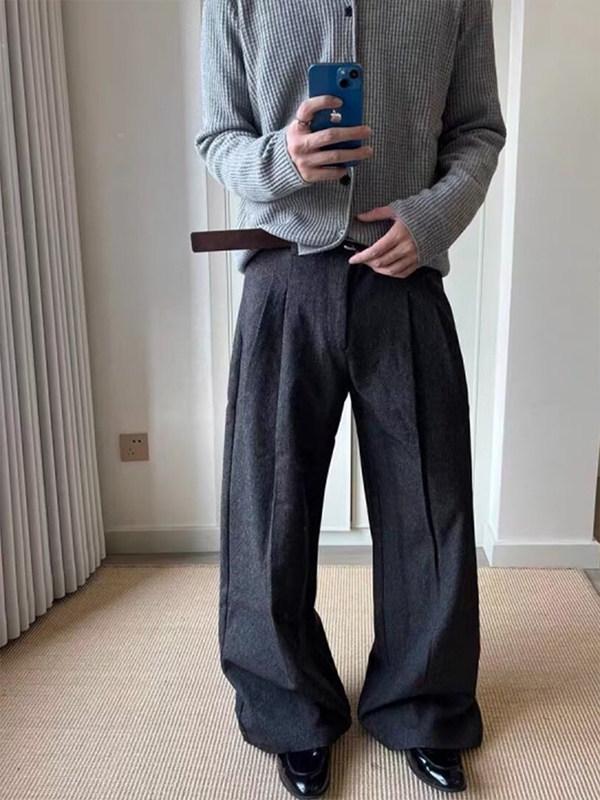 Men's Classic Double-Pleat Wide Leg Trousers - Spring/Autumn Collection with High-End Draping and Curved Loose Fit