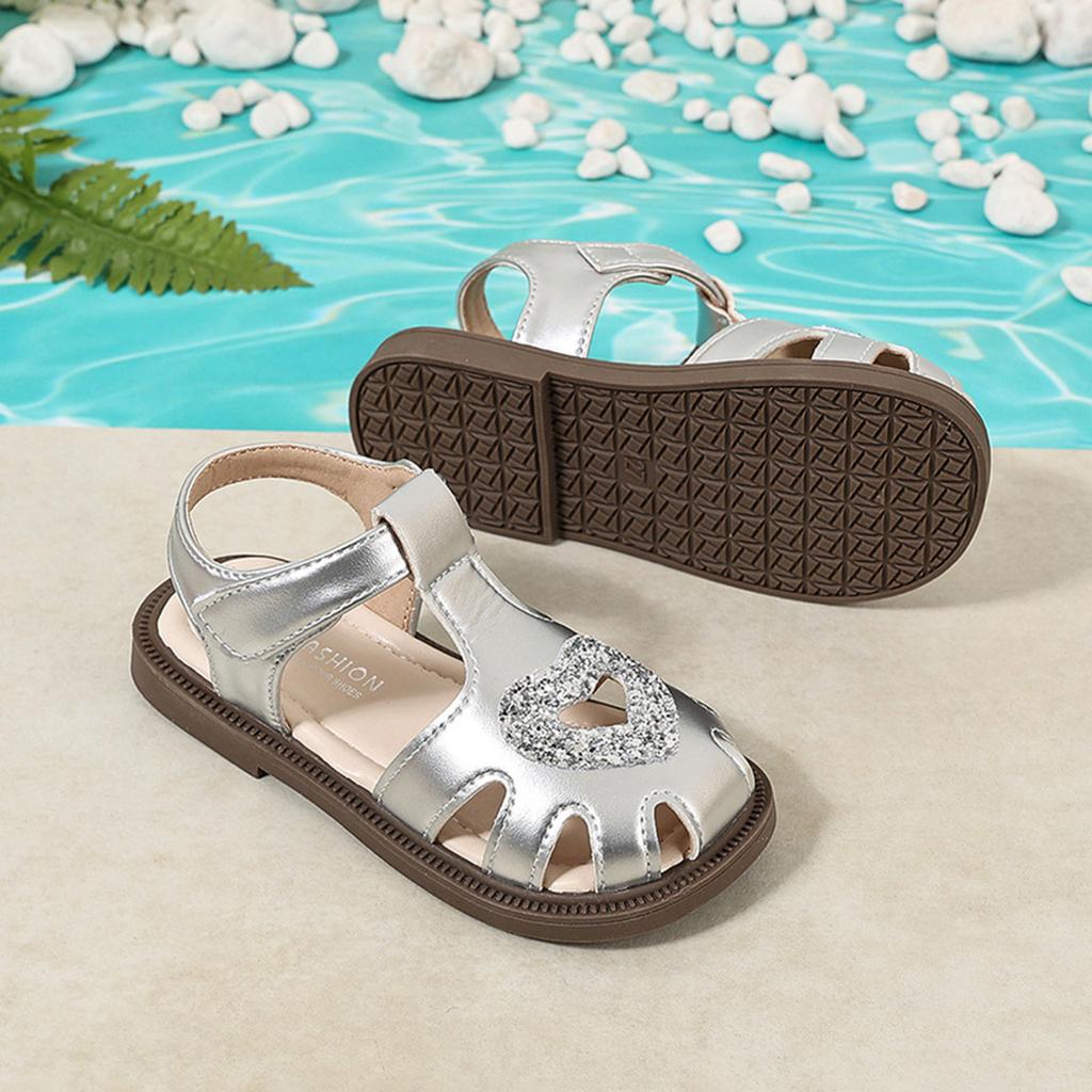 Toddler Girls Sequin Heart Sandals Open Toe Beach Shoes Soft Sole Baby Casual Footwear Fashion Letter Design