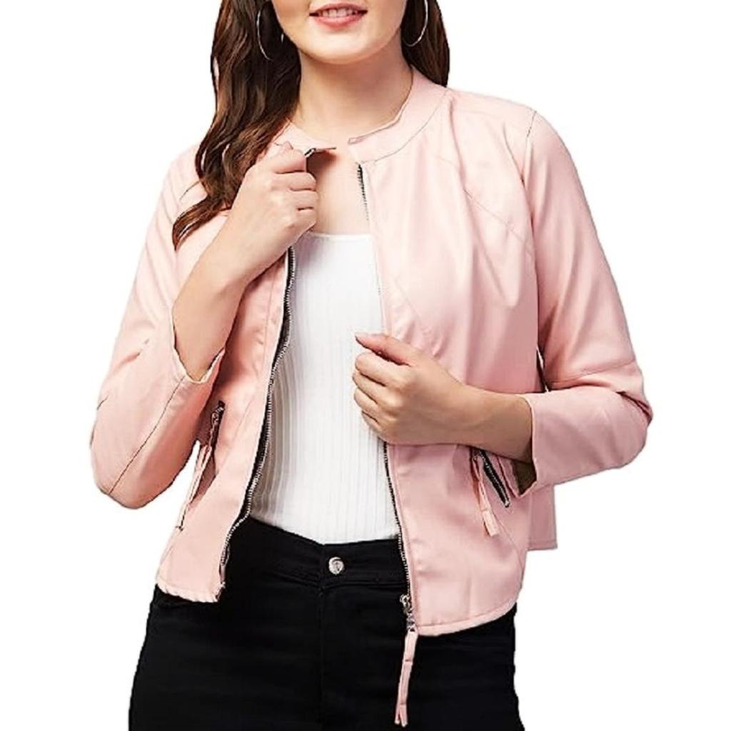 NOORA Womens Real Lambskin Baby Pink Leather Jacket With Zipper & Pocket | Shoulder Strap | Snap On Sleeves |