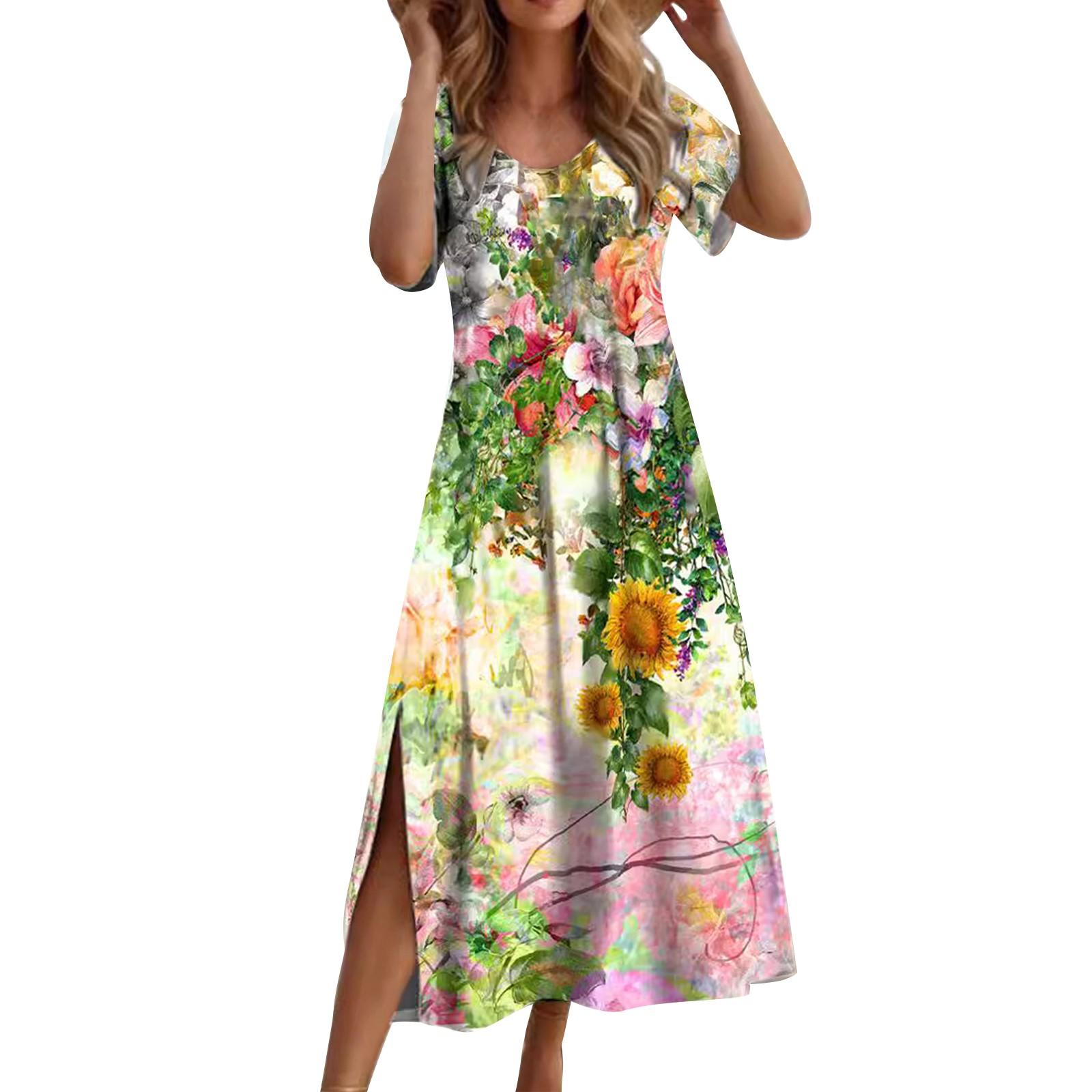 

Allover Print Neck Dress, Elegant Short Sleeve Dress For Spring & Summer, Women s Clothing XXL зелёный
