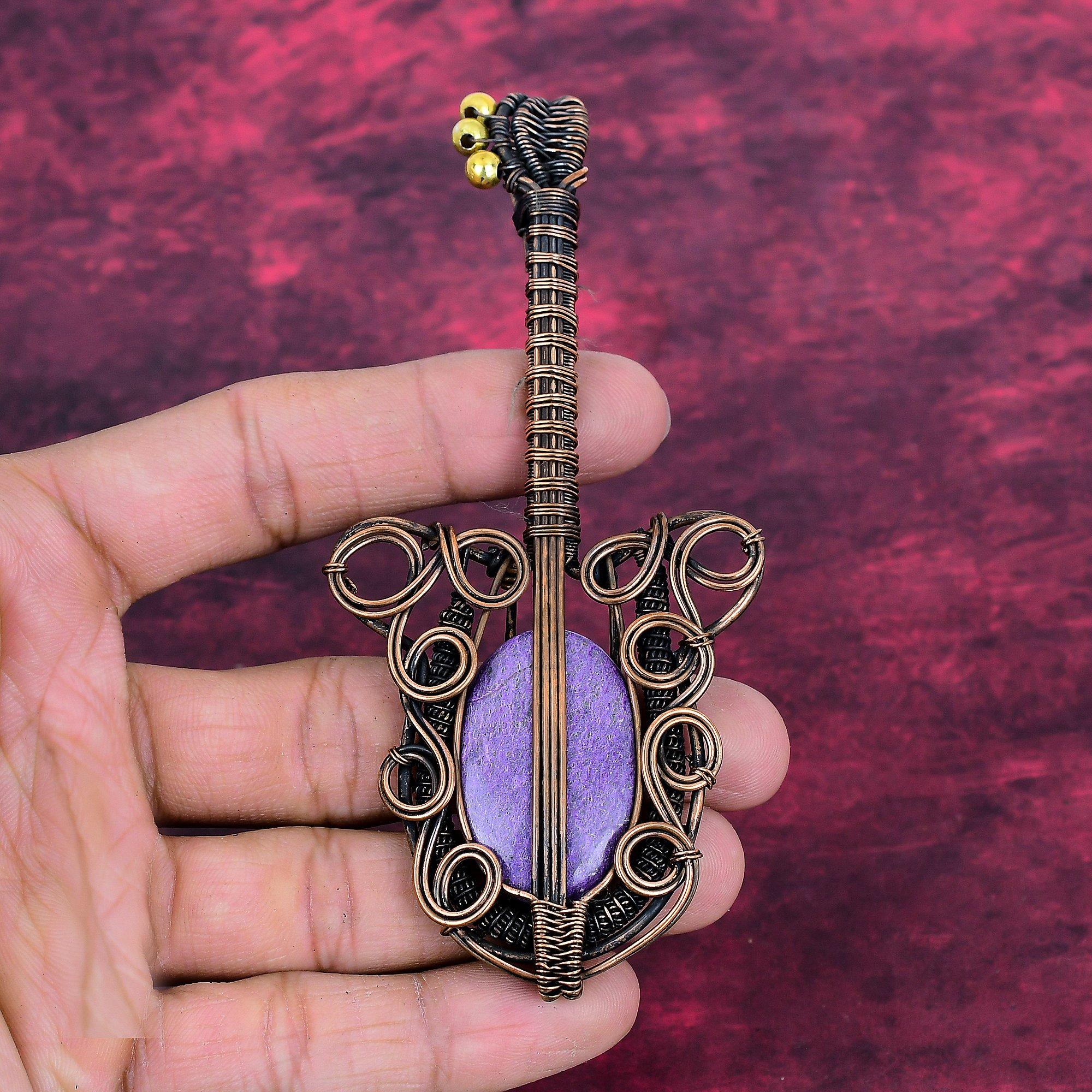 Purpurite Gemstone Pendant Copper Wire Wrapped Pendant Guitar Handmade Pendant