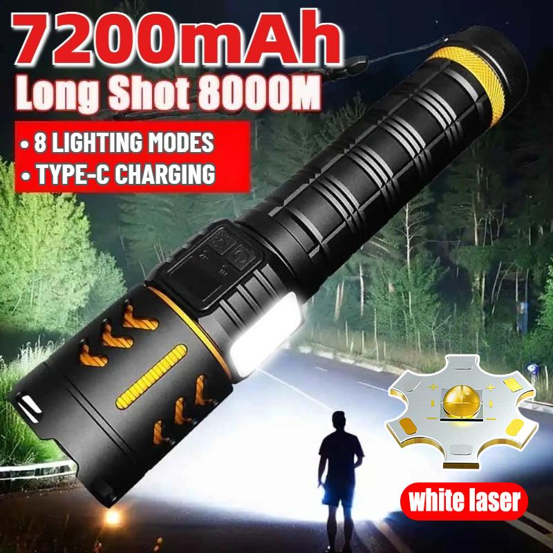 Dual Light Source Flashlight 7200mAh Rechargeable Battery Zoomable Focus Chip 8 Modes Digital Display Outdoor Camping Hikin