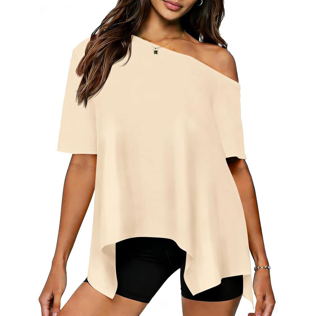 Women's Casual Off-shoulder Short-sleeved Asymmetric Hem Casual T-shirt Top