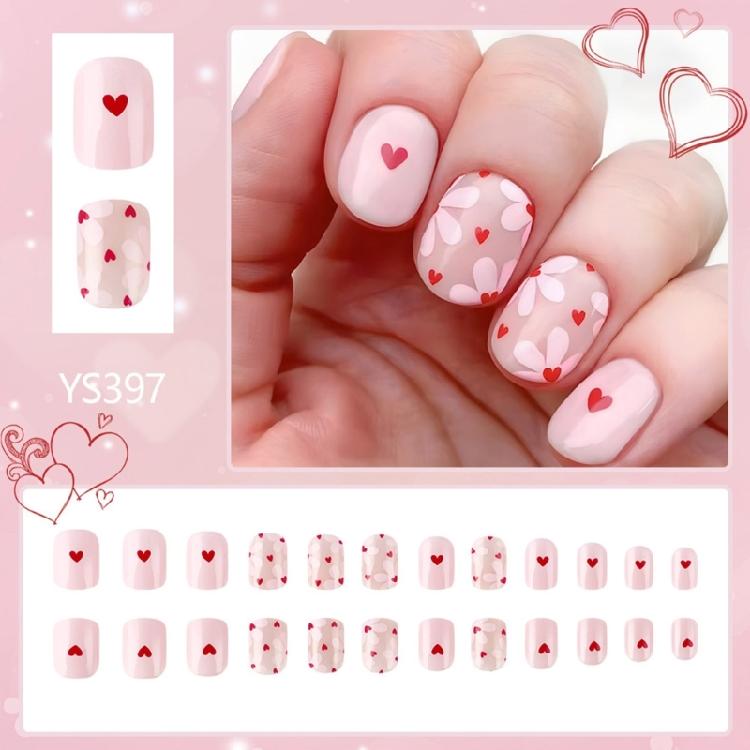 24 Pcs Short False Nail Love Heart Full Cover Stick on Nail Valentines Day Artificial Nail Press On Nail for Women