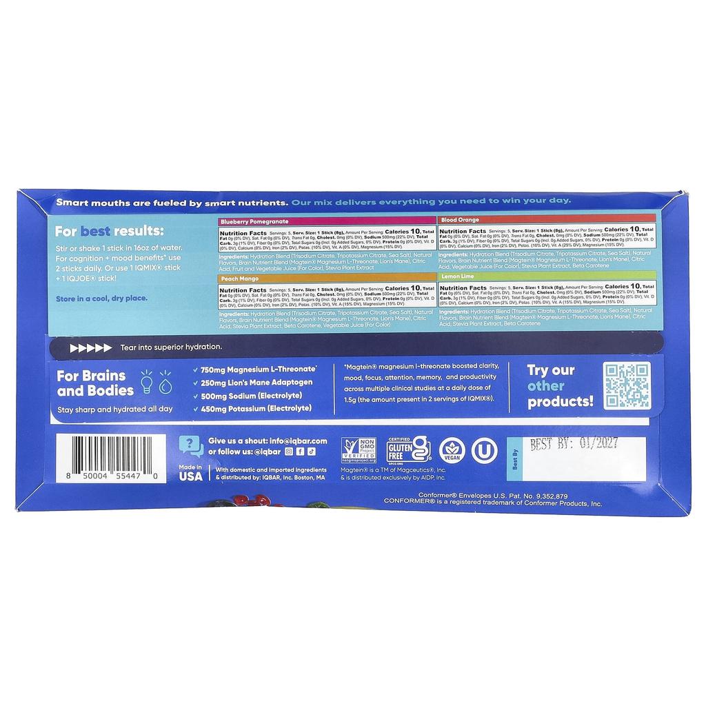 IQBAR, IQMIX®, Hydration + Clarity + Mood Mix, Variety Pack, 20 Sticks, 8g (0.28oz) Each